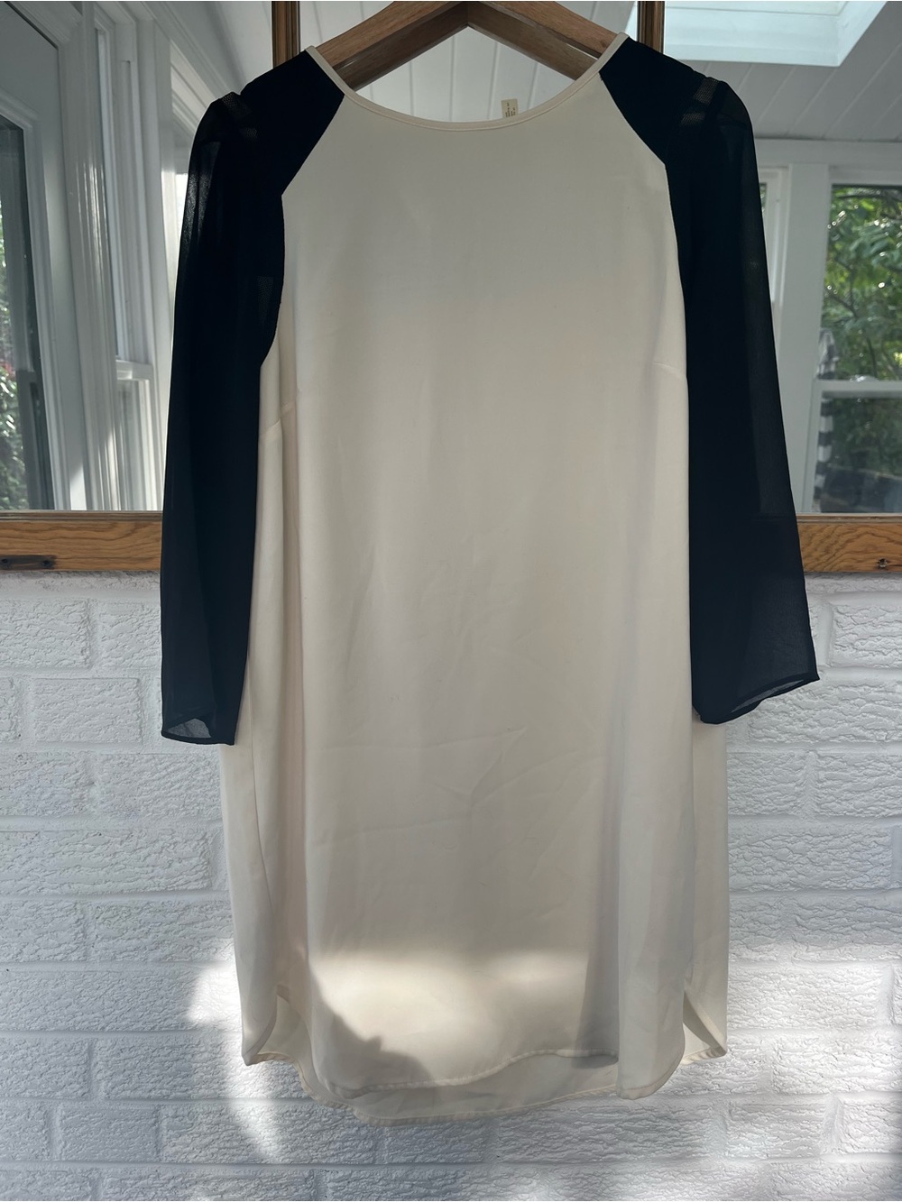DKNYC Cream Shift Dress with Black Sheer Sleeves